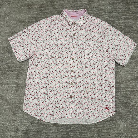 Tommy Bahama Shirt Mens 2XL White Pink Flamingo Print Short Sleeve Button Front - Picture 1 of 11